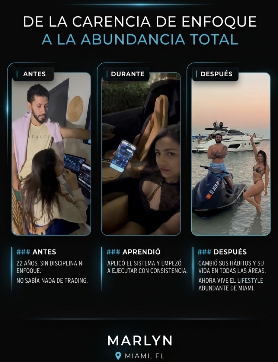 Marlyn, Miami FL: de la carencia de enfoque a la abundancia total. Antes: 22 años, sin disciplina ni enfoque. Aprendió el sistema y ejecutó con consistencia. Después: cambió sus hábitos y su vida en todas las áreas.